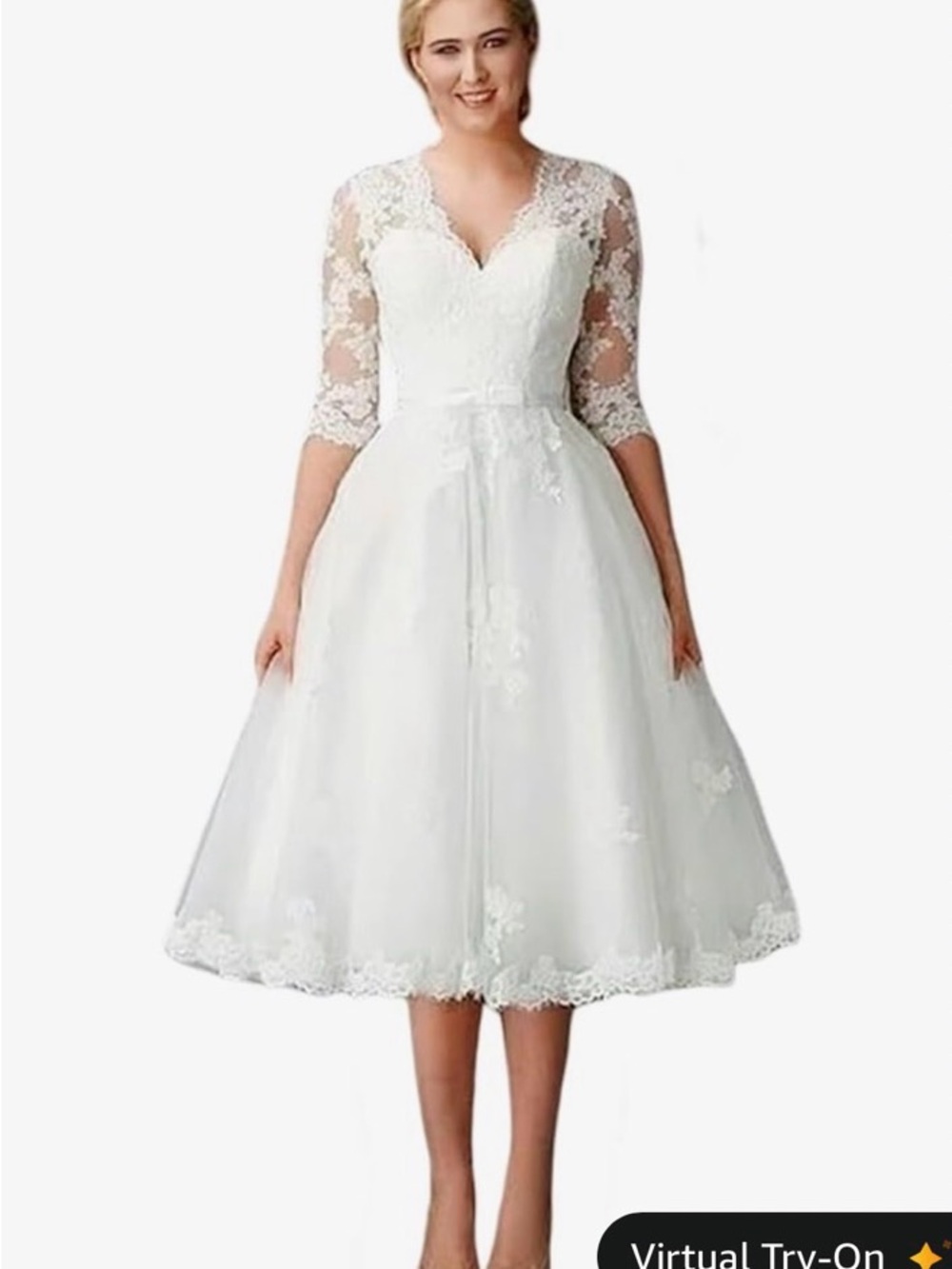 Elegant White Lace Tea-Length Wedding Dress with 3/4 Sleeves